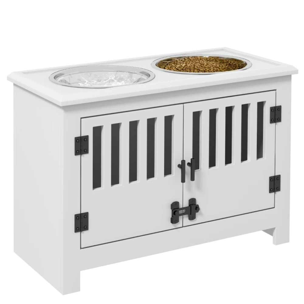 PINGGO Raised Dog Bowls, Pet Feeding Station, with Storage, Food and Water Bowls, for Large Dogs - White