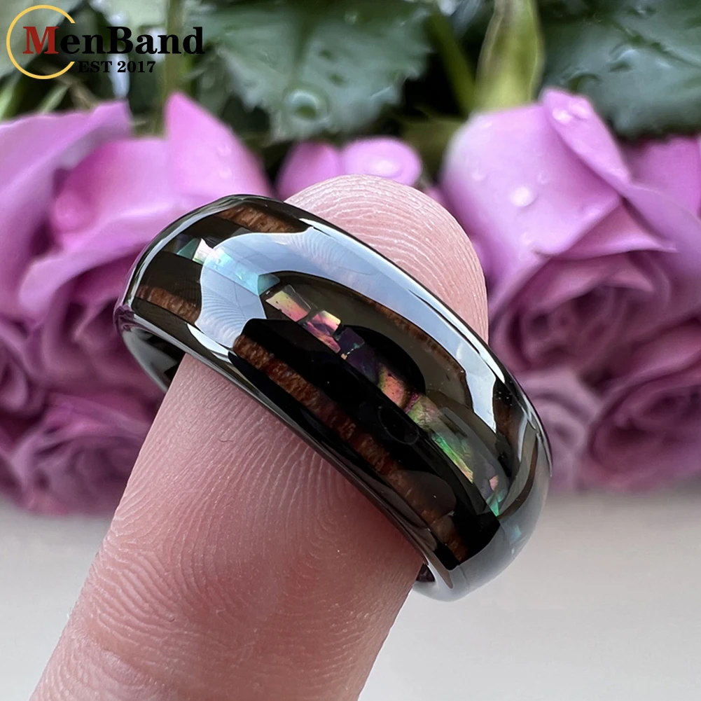 MenBand Fashion 8MM Men Women Black Tungsten Carbide Wedding Ring Abalone Shell And Koa Wood Inlay Domed Polishing Comfort Fit
