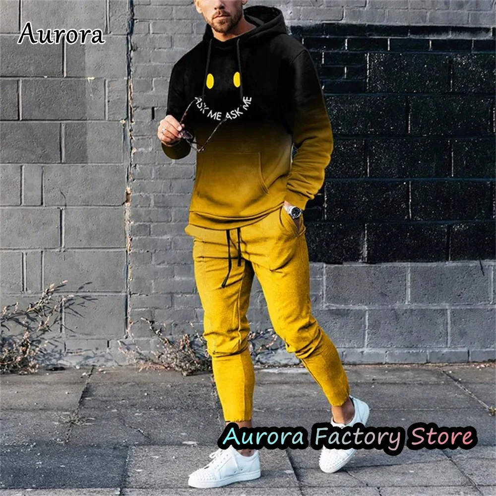 Men Gradient Color Hoodie Set Smile Print Tracksuit Fashion Outfit Long Sleeve Casual Suit Spring Autumn Male Clothing With Hat