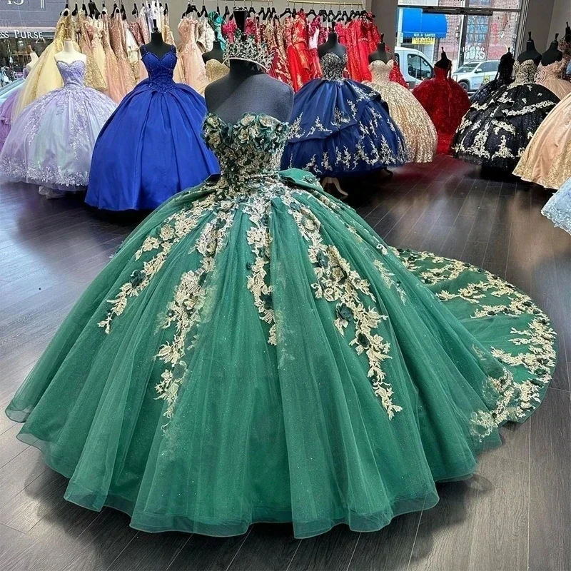 

Охотничье зеленое бальное платье, платья для Quinceanera, корсет с золотыми кружевами и аппликациями для милых 15-дюймовых девушек, платье для дня рождения