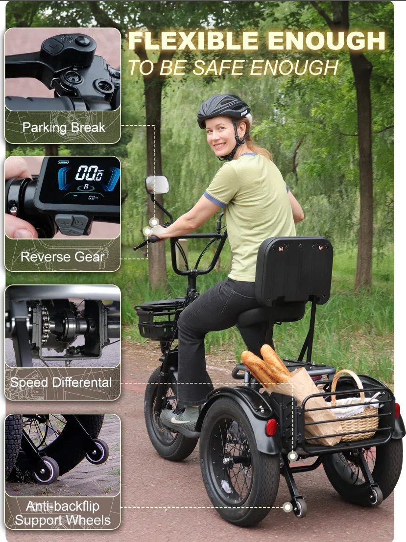 Meetone Breez Folding Electric Trike750W 20AH Lithium Battery Electro Trike Reversing Function 18*4-in Fat Tire Mountain E-Trike