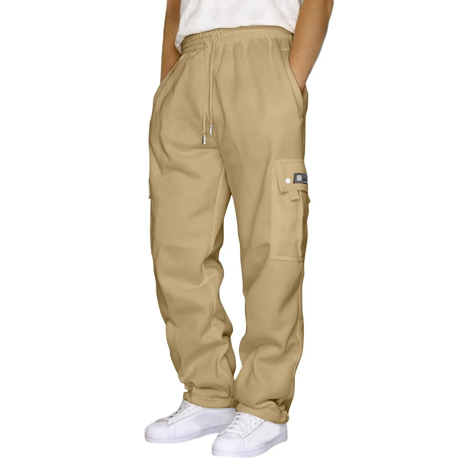 Men Cargo Pants Multi Pockets Work Trousers Drawstrings Loose Waist Solid Color Pockets Loose Straight Sweatpants Outwear Male