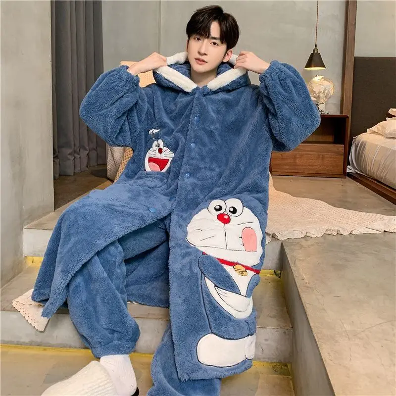 Autumn and Winter New Coral Plush Thickened and Warm Cartoon Loose Men's Home Clothing Set with Cold resistant Sleeping Robe