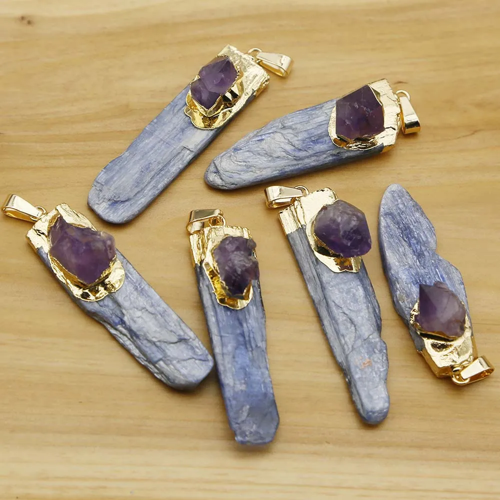 Natural Stone Blue Crystal Irregular Strip Necklace Pendants Amethyst Gold Plated Fashion Diy Jewelry Accessories Wholesale 8Pcs