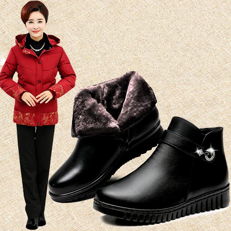 Winter Leather Round Toe Side Zip Comfort Women Ankle Boots Women's Thick Plush Warm Snow Boots Mother Shoes Large Size 35-42