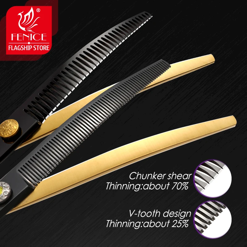 Fenice 하이엔드 JP440C 합금강, 반려동물 손질, 30 ° 곡선, 얇은 청커 가위, 블랙 골드 가위, 핑거 링 포함, 7.5 인치