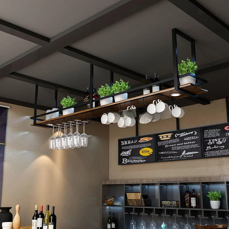 Industrial Style Solid Wood Iron Hanging Rack Storage Rack Bar Counter Restaurant Bar Kitchen Hanging Ceiling Cabinet