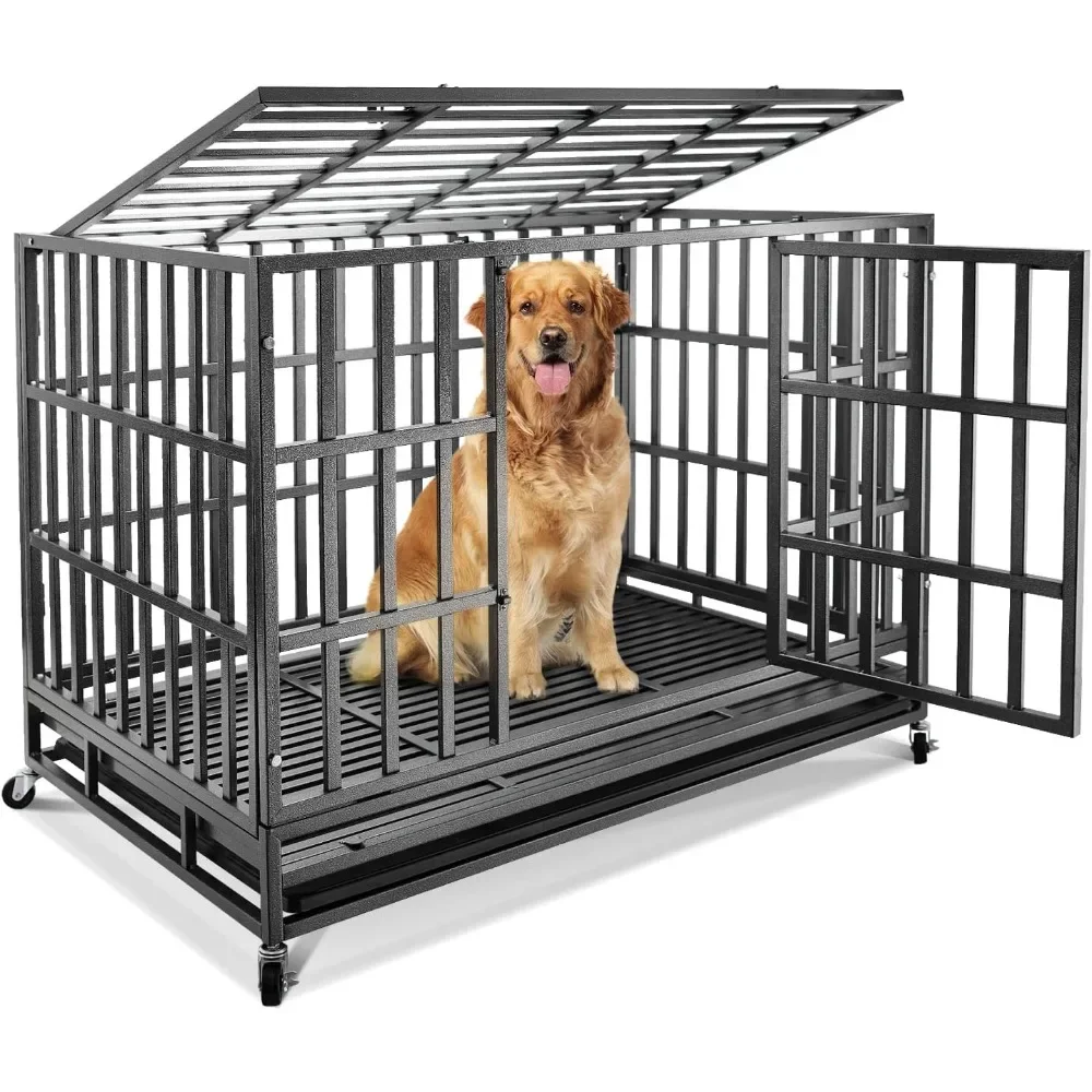 

47 Inch Heavy Duty Dog Crate Metal Cage Kennel, High Anxiety Pet Cage with Lockable Wheels & Double Doors for Medium Large Dogs