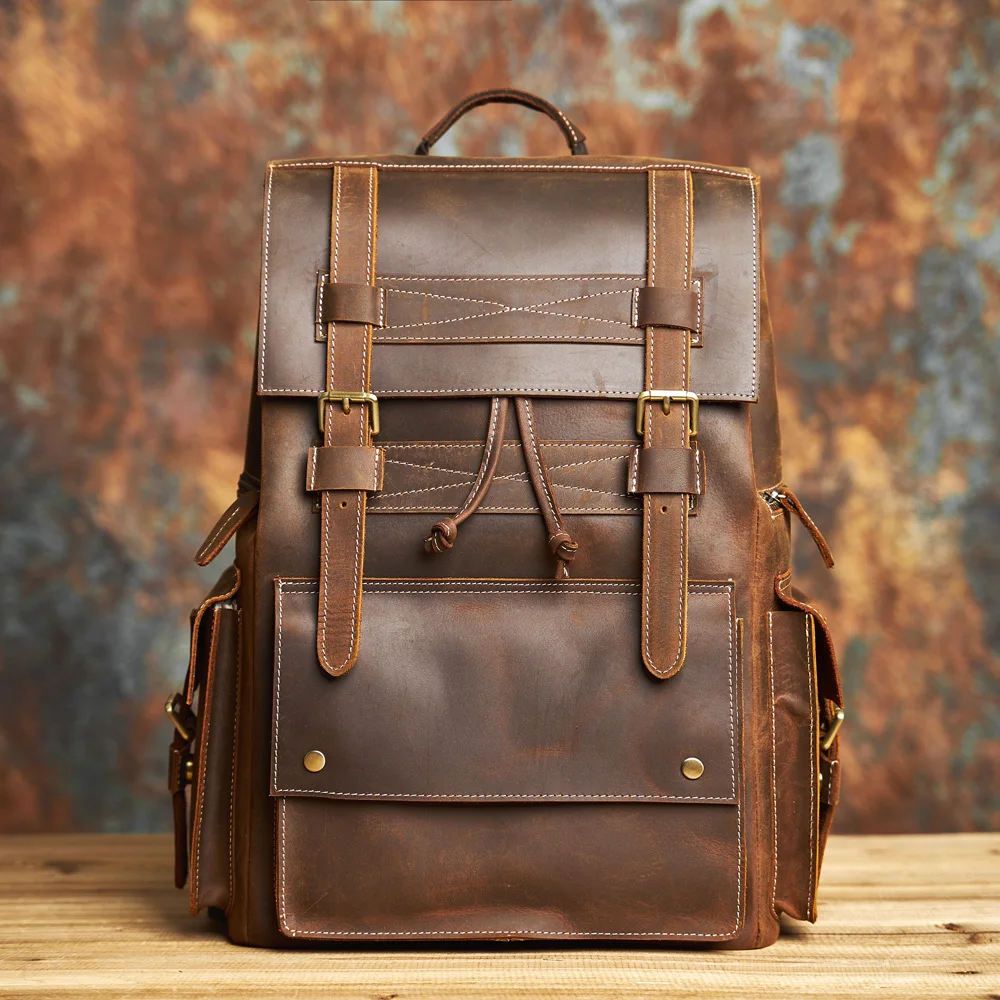 NASVA Genuine Leather Backpack Men's Backpack Retro Bag Outdoor