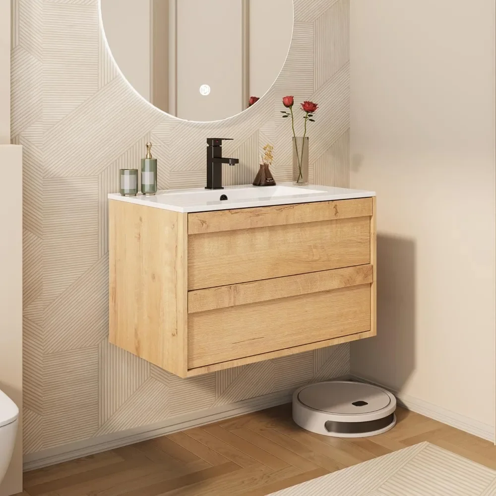 30" Floating Bathroom Vanity with Ceramic Integrated Sink Combo, Wall Mounted Storage Cabinet with 2 Drawers 2