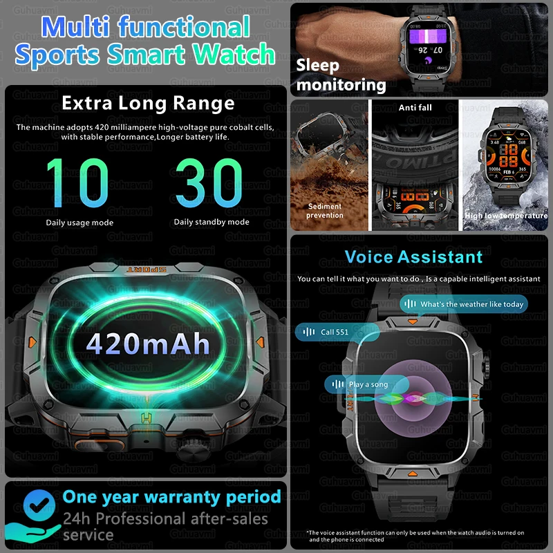 2026 New Military Grade Smart Watch Men 1.96" AMOLED Screen 5ATM Waterproof Simming Sports Fitness Tracker BT Call Smartwatches 3
