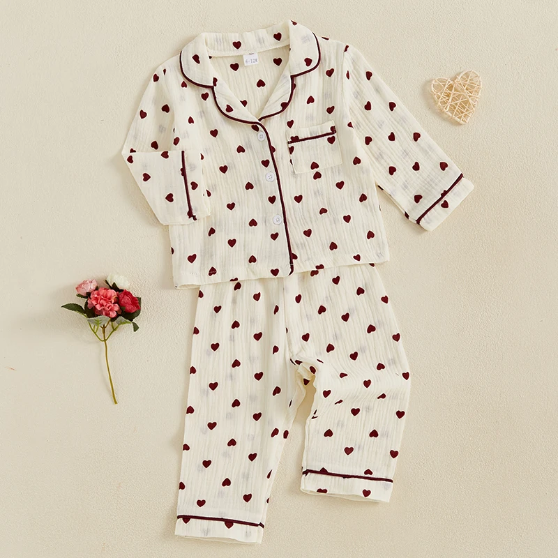 Citgeett Girls' Heart Print Pajama Set with Long Sleeves