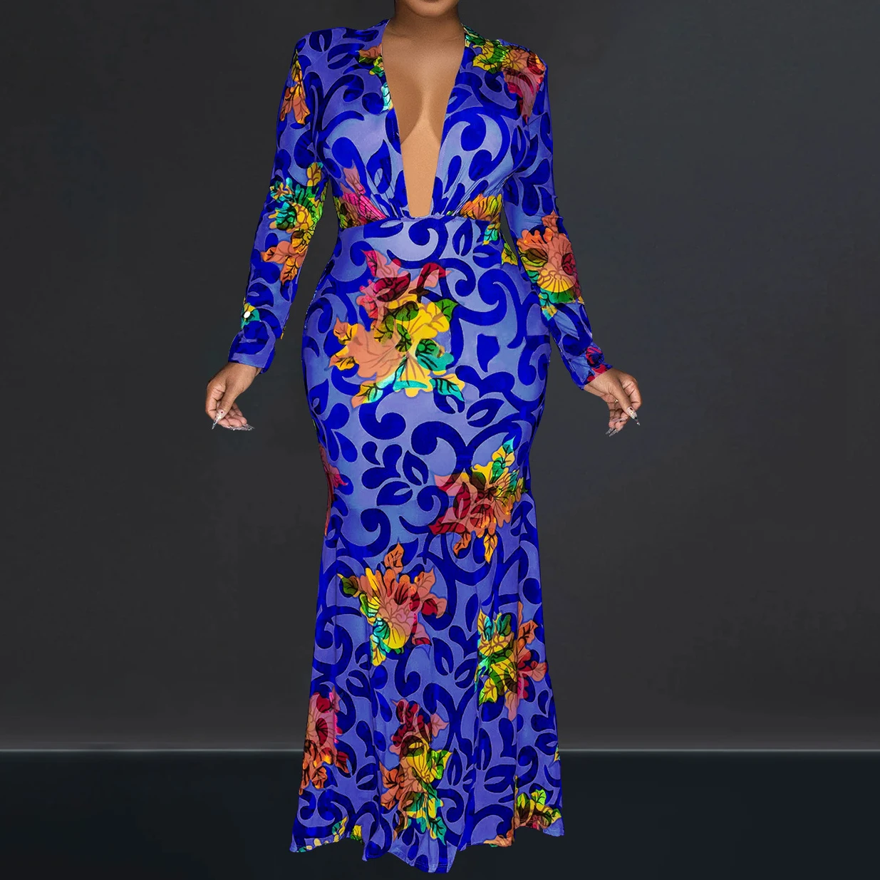 

Summer Vintage Print Deep V Bodycon Maxi Dress Women Vintage Party Elegant Evening Dresses