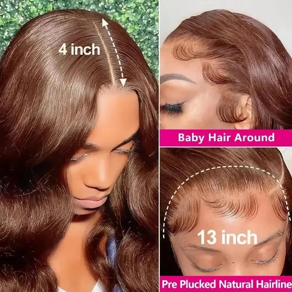 HD 13x6 Chocolate Brown Body Wave Lace Front Wig 13x4 Lace Frontal Wig Human Hair Pre Plucked 100% Colored Human Hair Wigs