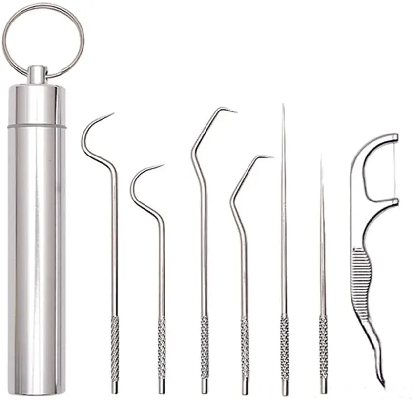 3/7pcs Set Stainless Steel Toothpicks Dental Floss Oral Care Tool Toothpicks Container Portable Keychain with thread