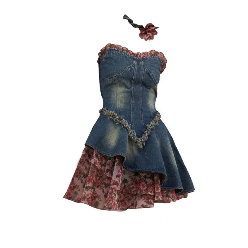 

Retro Distressed Rose Floral Patchwork with Chiffon Edge Waistband Strapless Denim Dress for Women in Summer 2024