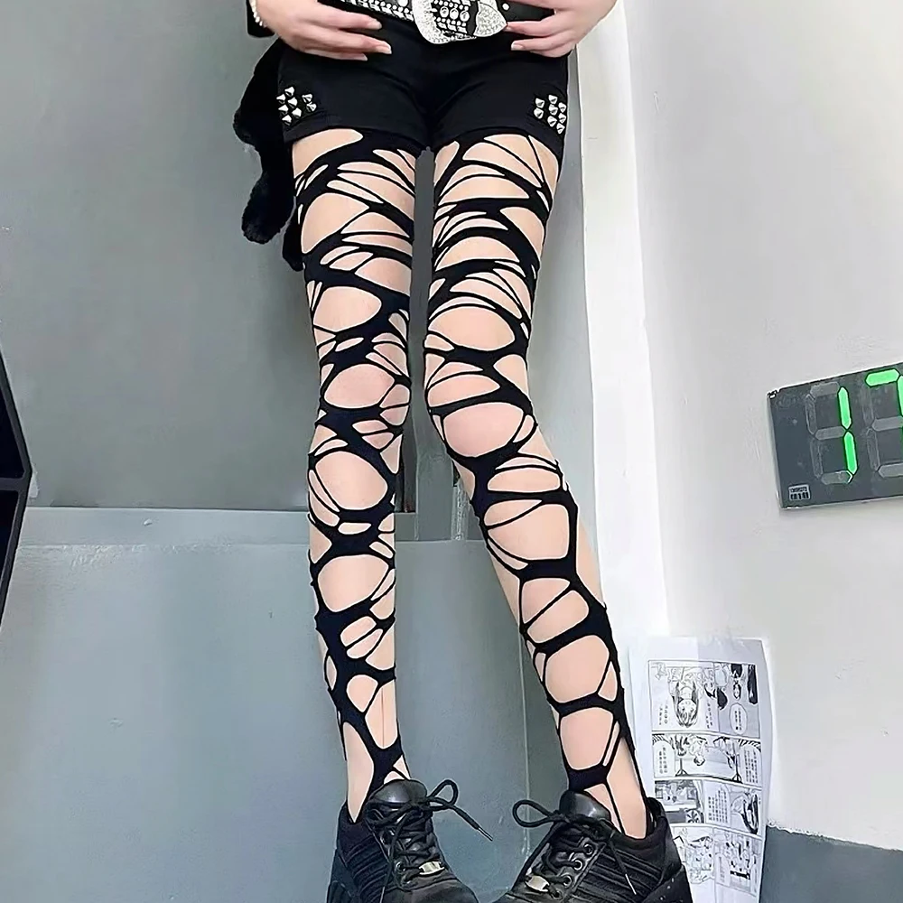 2024 Punk Torn Strap Holes Tights Nue Sexy Lolita Gothic Spider Web Stockings Ladies Y2k Black Mesh Soft Tights High Hosiery