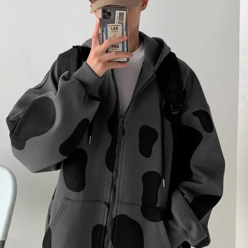 New Autumn and Winter Women's Cow Print Print Color Block Zipper Hooded Cardigan Jacket Thick Warm Loose Casual Harajuku Jacket