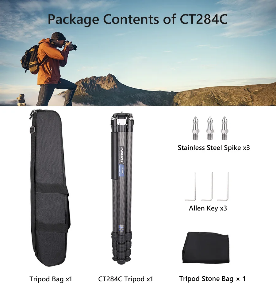 CT284C Professional Carbon Fiber Tripod Travel Camera Stand with Stone Bag for D