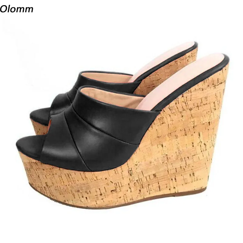 

Olomm Handmade Women Platform Mules Sandals Sexy Wedges Heels Round Toe Elegant Black Banquet Shoes US Plus Size 5-20