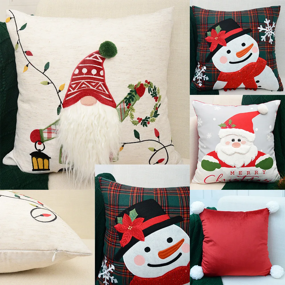 

Decor Embroidered Cushion Cover Christmas Tree Santa Snow Flower Pillow Case Cotton Square Embroidery Pillow Cover 45x45cm