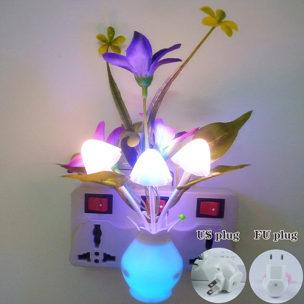 Plug-in Night Light With Built-in Light Sensor, RGB LED Mushroom Night Flower For Bedroom Nursery Kids Room