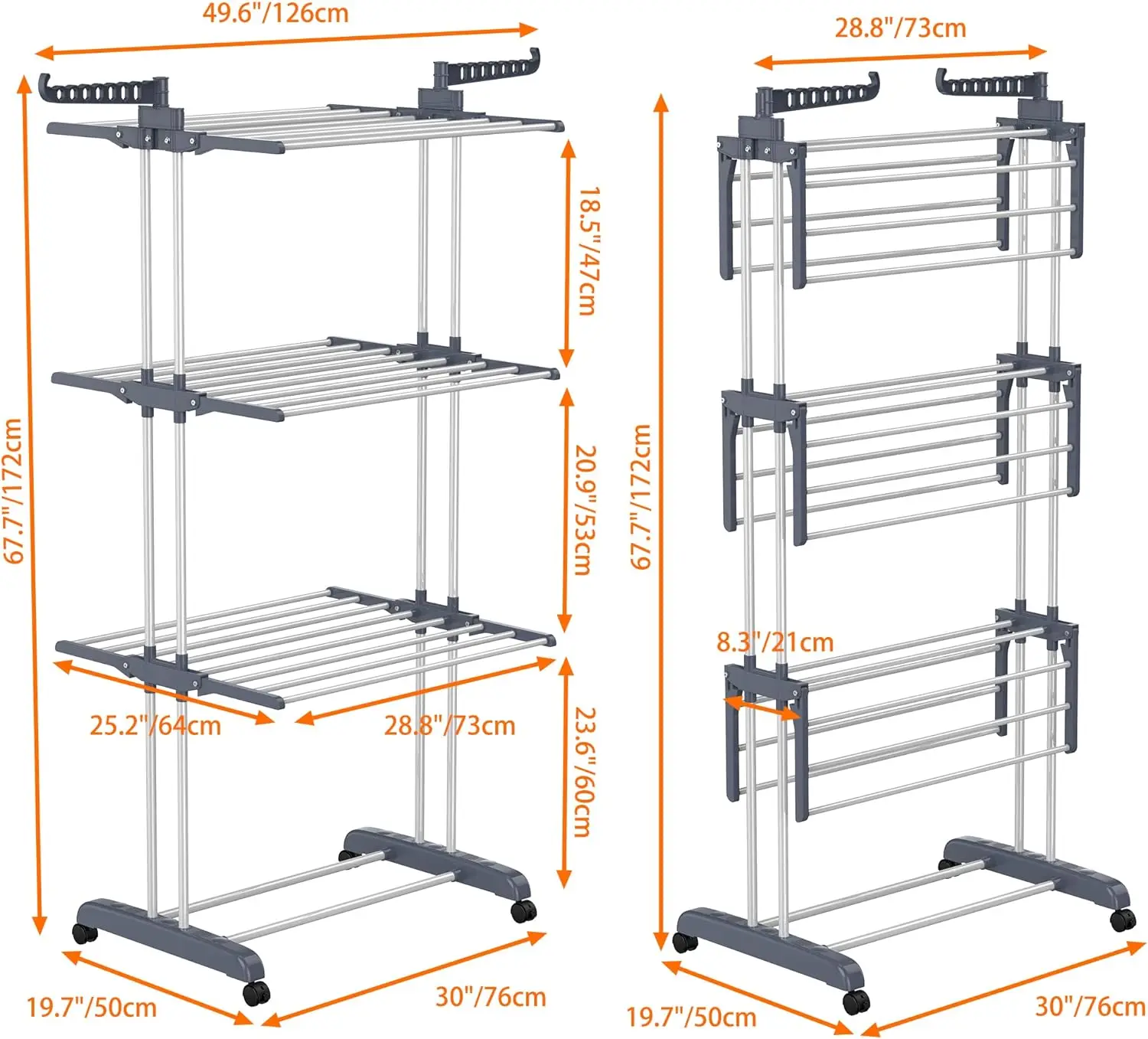 NEW Clothes Drying Rack, Oversized 4-Tier(67.7" High) Foldable Stainless Steel Movable Drying Rack with 4 castors 6