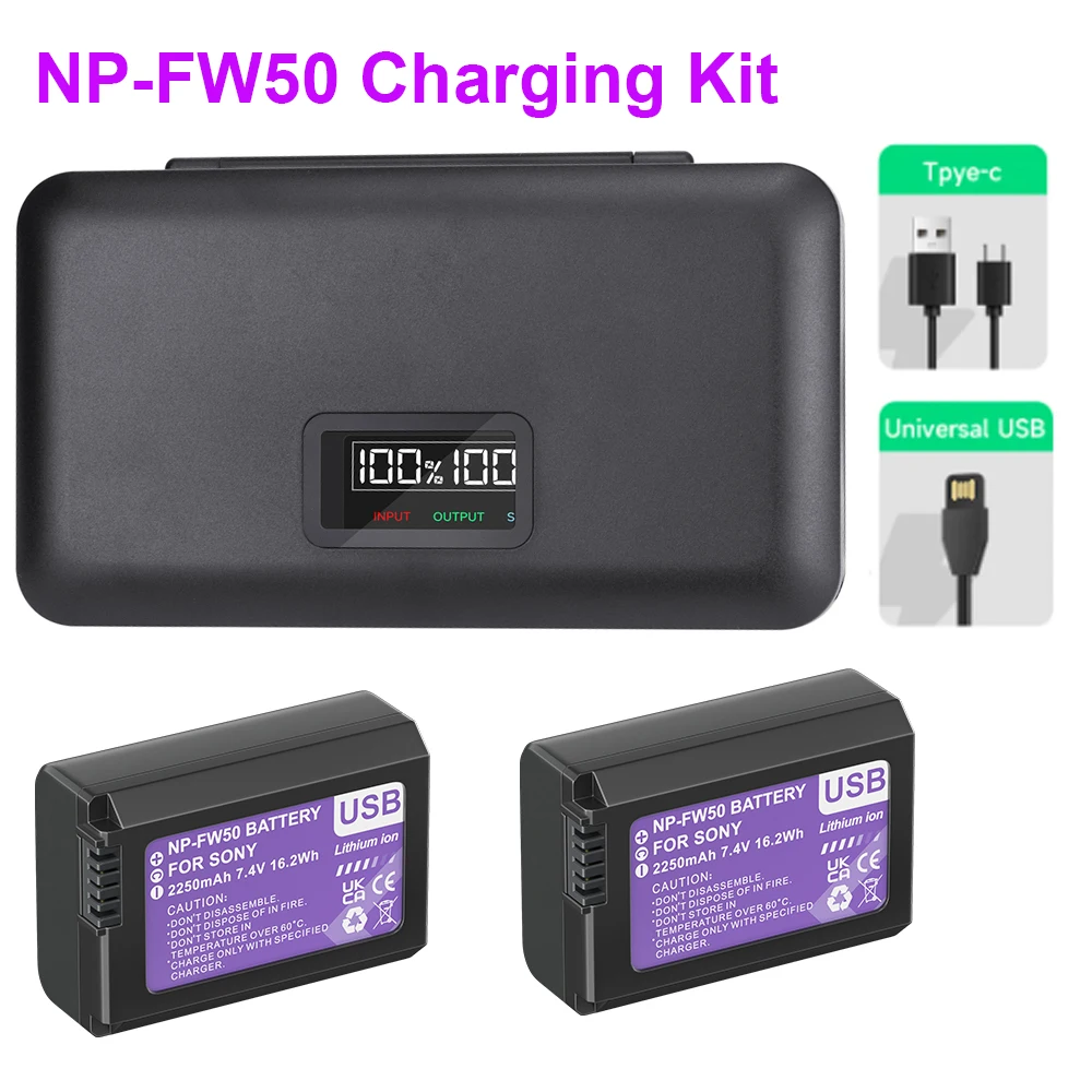 Np-Fw50 Np Fw50 Usb Battery + Lcd Usb Charger Box Per Sony Alpha A6500 A6300 A6000 A5000 A3000 A7 A7M2 A7R 7 Sm2 7 M2 Zv-E10 E10L