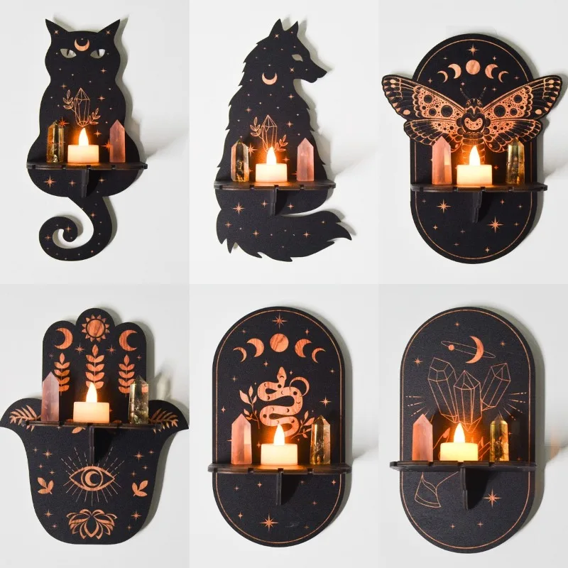 

Cat Moth Moon Phase Carving Wood Wall Mounted Shelf Handicraft Crystal Shelf Rack Home Decoration Candle Holder Jewelry Display