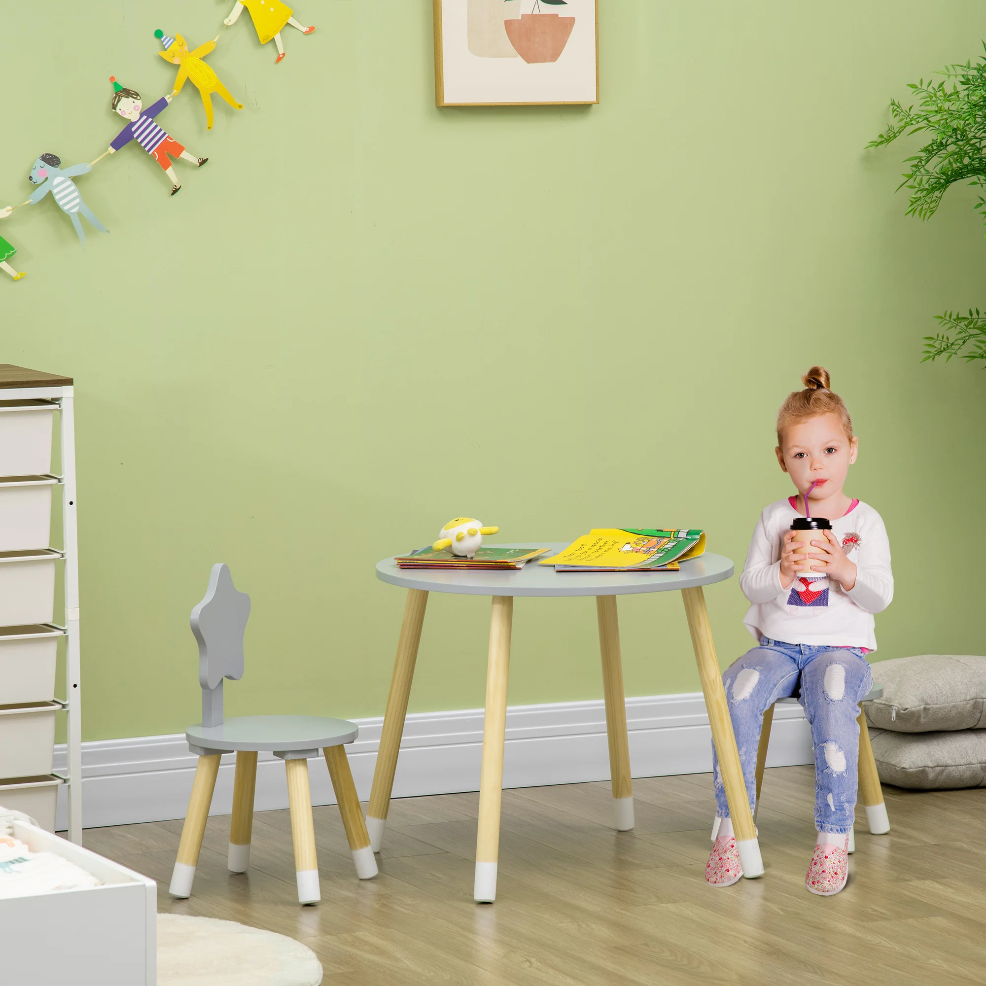 Juego de mesa y 2 sillas infantiles de madera ZONEKIZ 68x68x47 cm rosa