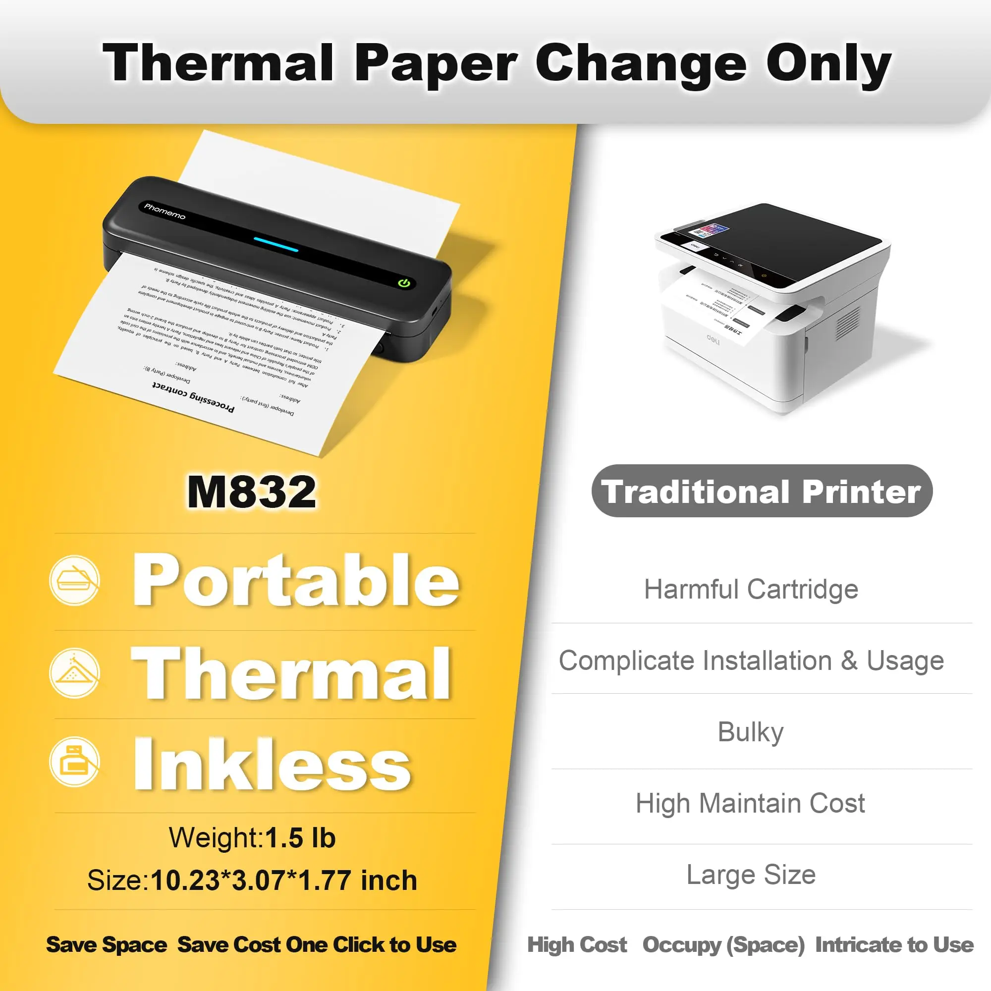 Phomemo M832 Portable Printer Portable Printers Wireless for Travel,Bluetooth Thermal Printer Support 8.5'' x 11'' Thermal Paper - 5
