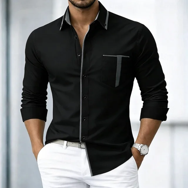 Chemise à manches longues pour homme avec bordures contrastées et fermeture boutonnée décontractée 1