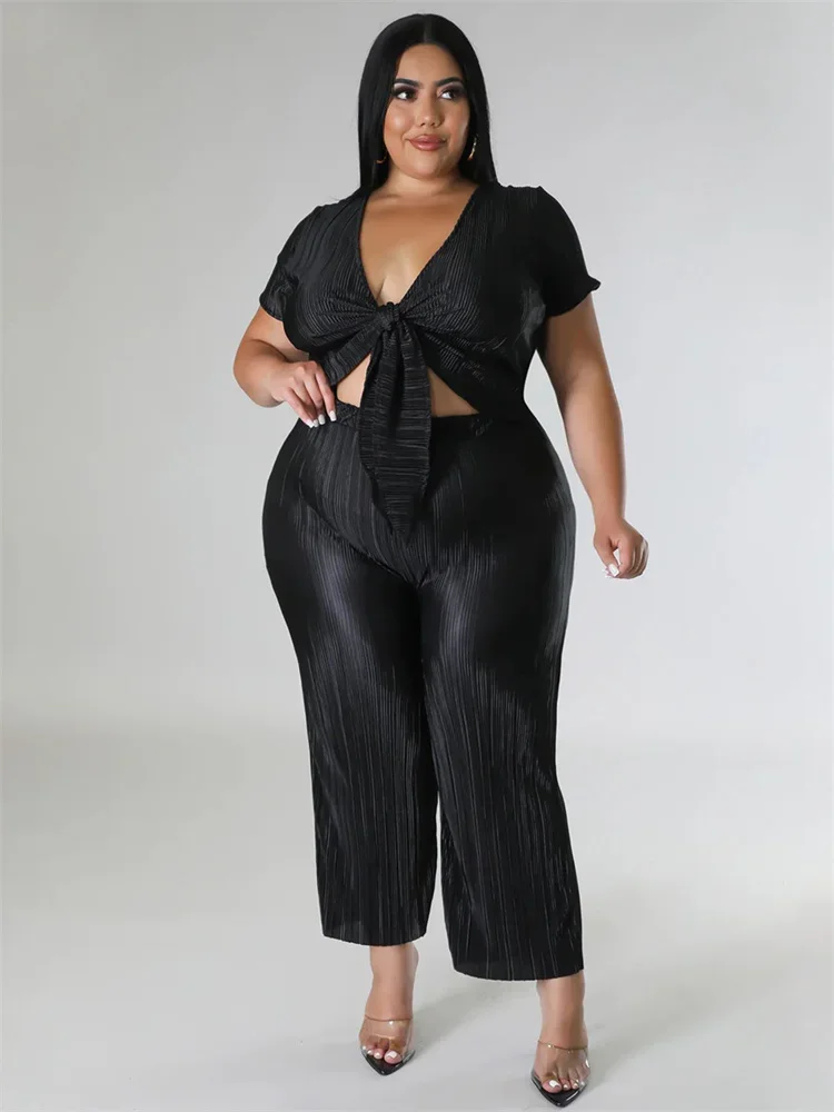 Wmstar Plus Size Two Piece Sets Women Clothing Solid V Neck Tops and Pants Wide Leg Matching Set Wholesale Dropshopping 2023