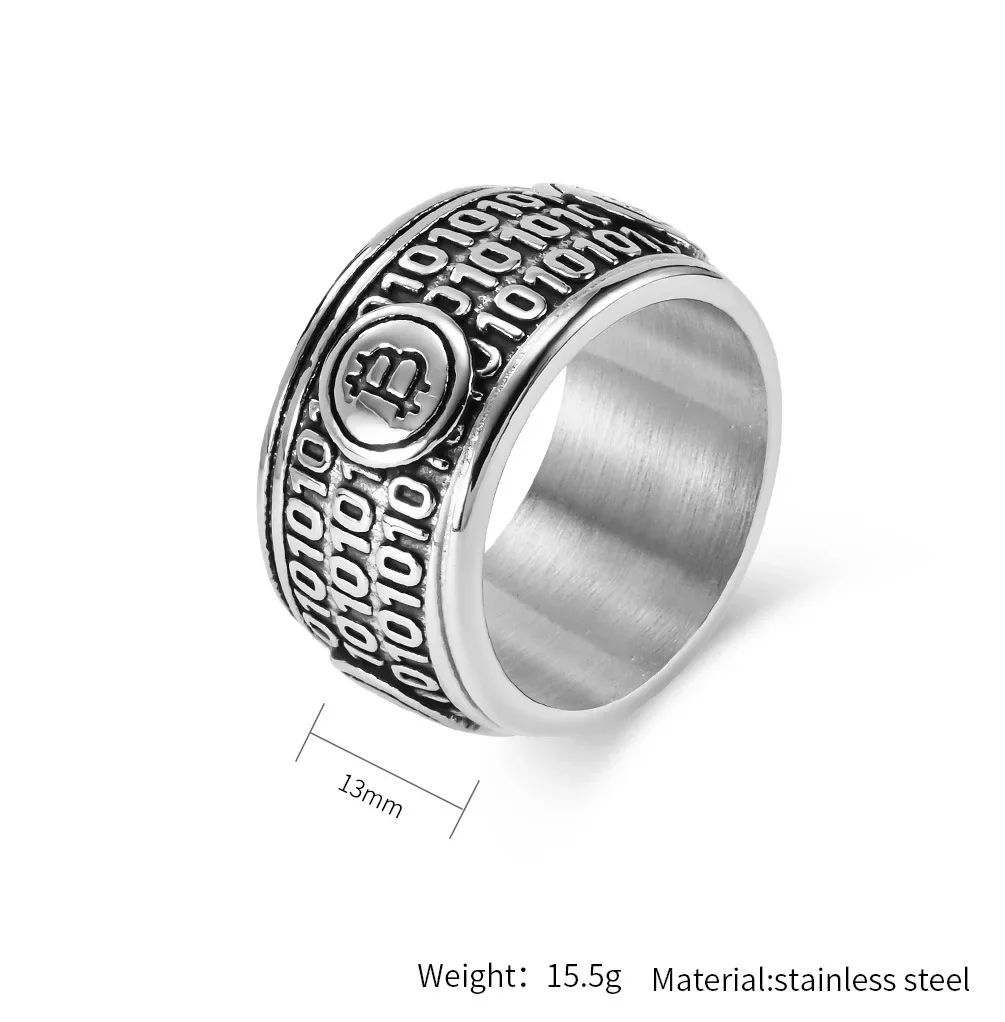 Large Big Stainless Steel Statement Bitcoin Silver Black Gold Plated Ring Hip Hop Jewelry for Men 3