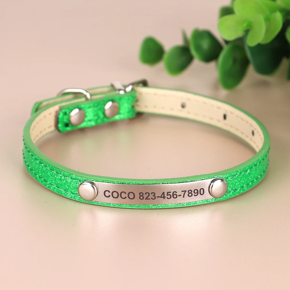 Custom Bling Leather Cat Collar with Engraved ID Nameplate for Cats & Small Dogs