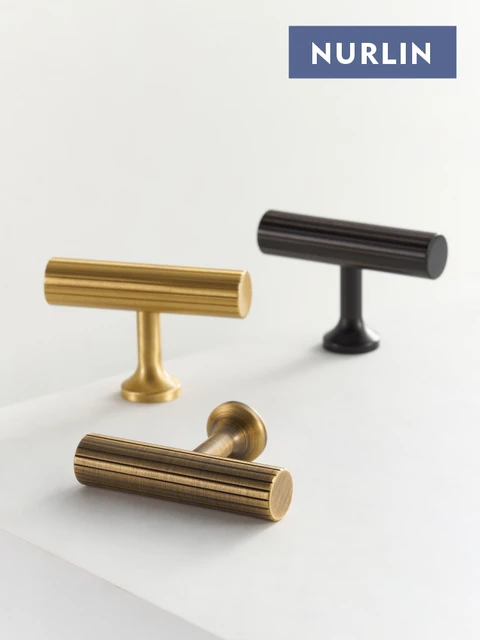 Nurlin ทองเหลือง Art Deco แนวตั้ง Linear KITCHEN Cabinet Knobs T บาร์ห้องนอนตู้เสื้อผ้ายาวดึงลิ้นชัก 3
