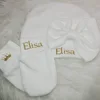 Girl's Baby Hat & Mittens with Bow Custom Baby Shower Newborn Baby Gift Baby Scratch Mittens Newborn Baby Girl Hat with Name 1