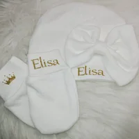 Girl's Baby Hat & Mittens with Bow Custom Baby Shower Newborn Baby Gift Baby Scratch Mittens Newborn Baby Girl Hat with Name 1