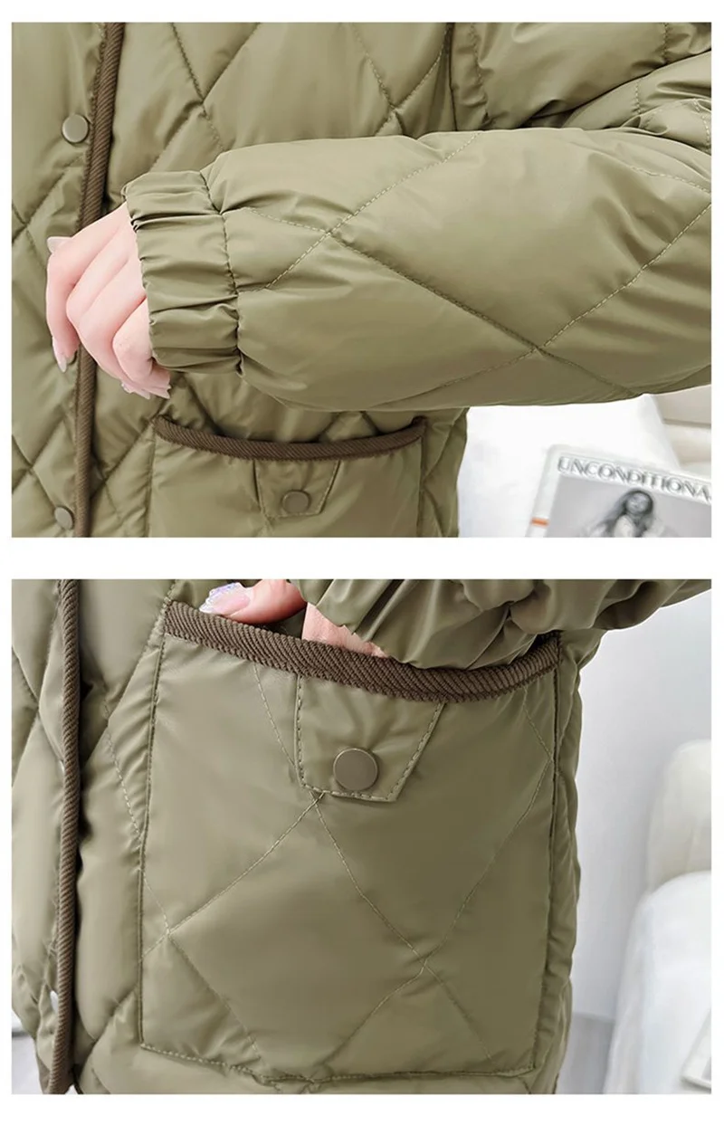 Autumn Winter Overcoat PU Leather Cotton-padded Jacket Women's Rhombic Lattice Short Coats Female Warm Outerwear No-wash Parkas