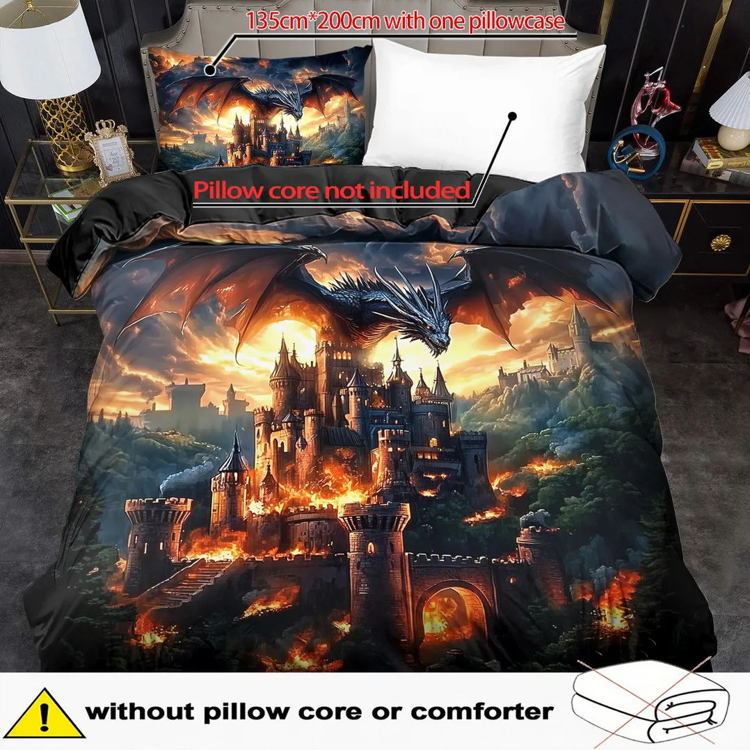 2/3pcs Quilt Cover Set, Fantasy Flame Dragon Printed Duvet Cover Set, King Queen Style Bedding Set, Polyester Machine Washable