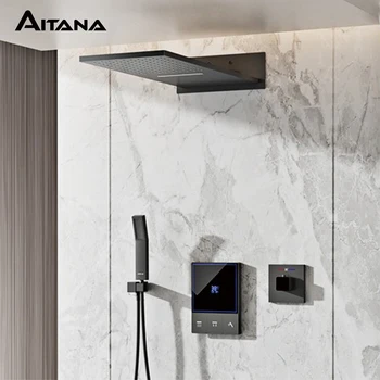 หรูหราปืนทองเหลืองสีเทาติดผนัง Thermostatic ชุดฝักบัวสายฝนจอแสดงผล LED และ 3 โหมดสเปรย์ Anti-Scald ห้องน้ําระบบผสม 1