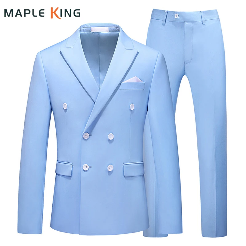 

Men Outfits Clothing 2 Piece Set Suits Sets Double Breasted Elegant Blue Blazer+ Trousers Business Formal Gentleman Party Dress