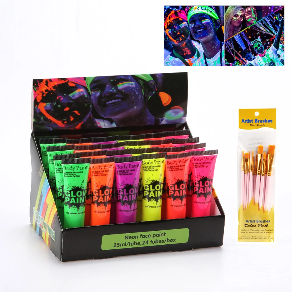 6/24pcs Body Art Paint Neon Fluorescent Party Festival Halloween Cosplay Makeup Party Tools Kids Face Paint UV Glow Painting