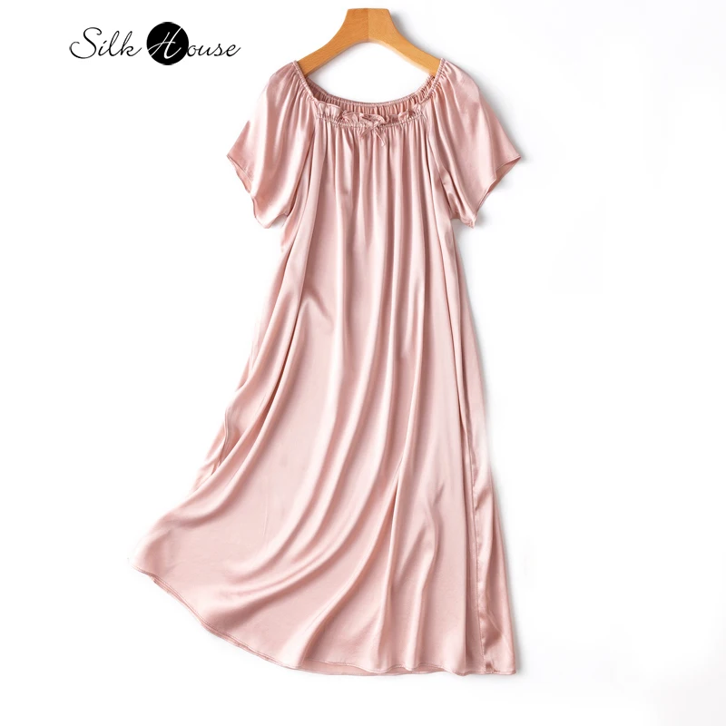 Comfortable/Skin Friendly Elastic Satin Women's Summer Short Sleeved Mulberry Silk Pink Nightgown Princess Style Silk Home Dress