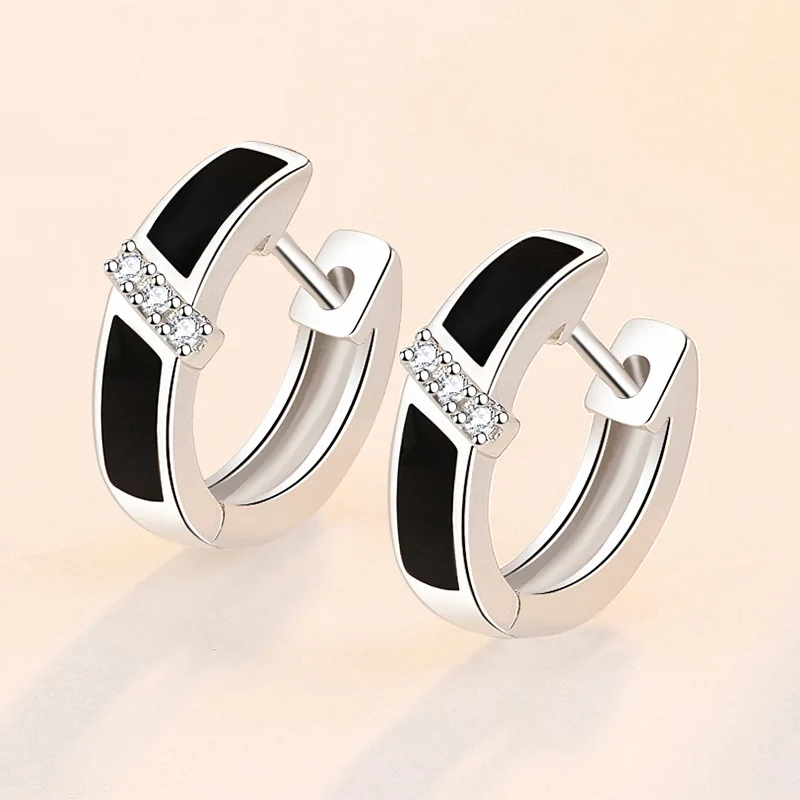 925 Sterling Silver Vintage Black Enamel Crystal Hoop Earrings For Women Girls Wedding Engagement Fashion Jewelry 3