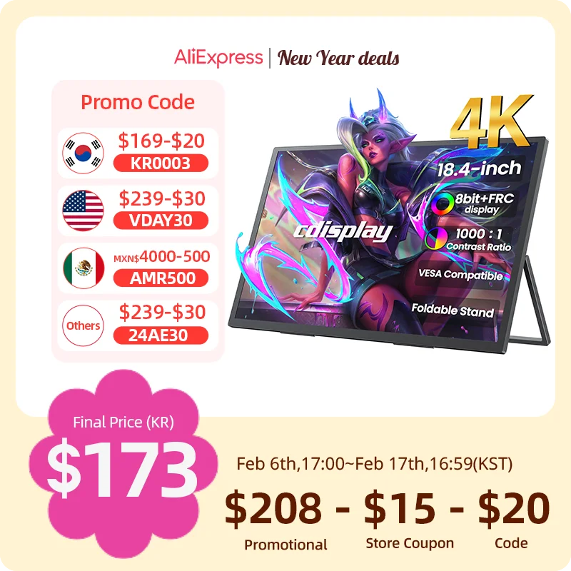 Monitor Portatile Cdisplay 4K Monitor Da Gioco Esterno Da 18.4 Pollici Monitor Secondario Per Laptop 10Bit Usb-C Hdmi Per Ps5 Switch Pc Gamer