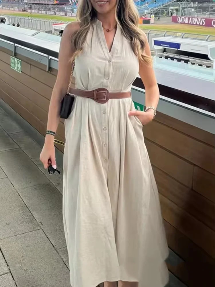 2025 Pleated Dress Woman Belt Sleeveless Long Dresses for Women Casual Summer Midi Dress Women Holiday Women's Dress