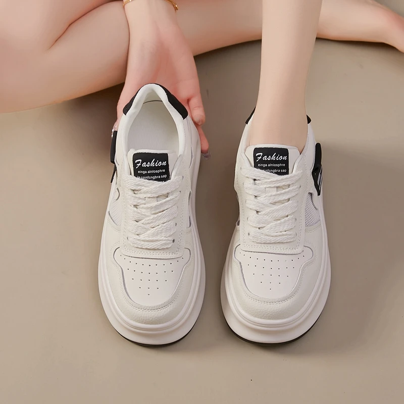 Autuspin 5cm Summer Women's Skateboarding Shoes Students Round Toe Fashion Ladies Sneakers Breathable Mesh Leather Chunky Shoes