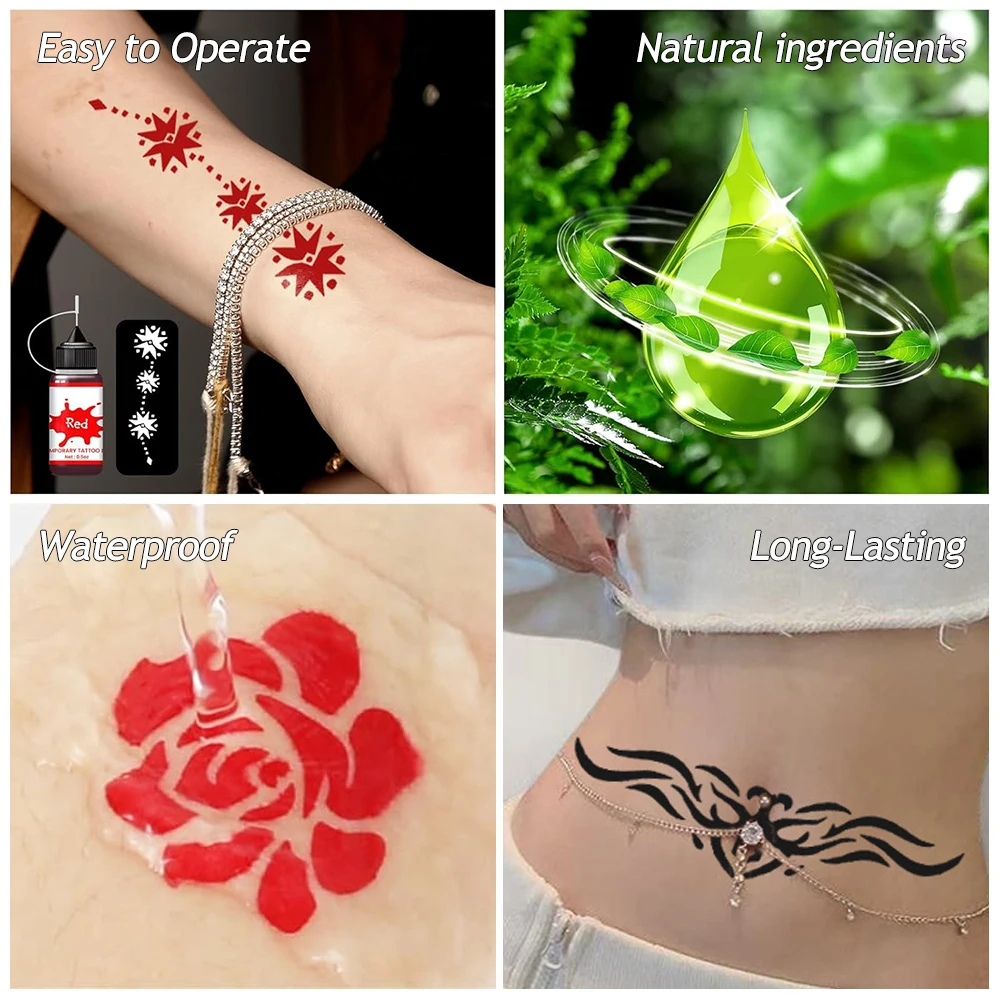 8 Bottles Temporary Tattoo Kit 8 Color Temporary Tattoo Ink with 62 Tattoo Stencils for Halloween Body Paint Art DIY Fake Tattoo - 2