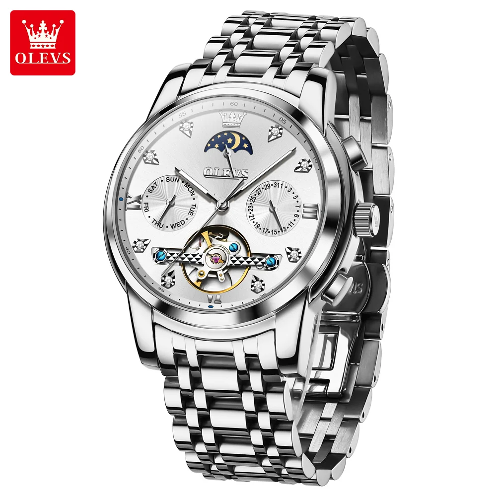 OLEVS 6678 Original Automatic Watch for Men Stainless Steel Waterproof Luminous Calendar Moon Phase Hollow Mechanical Man Watch